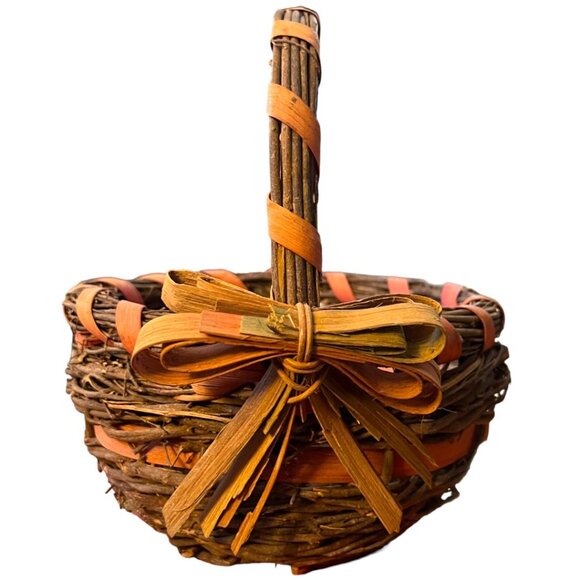 Vtg Shabby Chic Rustic Brown Oval Basket Sticks Twigs Fiber Bow & "Ribbon" 8" W - Picture 2 of 10